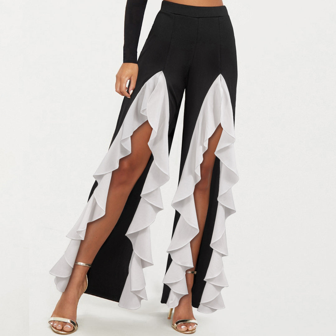 Womens Ruffle Pants Front Slit Flowy Loose Fit Wide Leg Trousers Elastic High Waist Lounge Pants for Dating improved