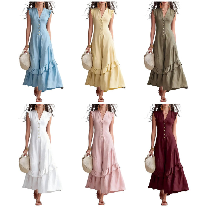 Ruffle Dress Long V Neck Button Flowy Cap Sleeve Summer Maxi Dresses Casual Beach Clothes for Beach Vacation serviceable