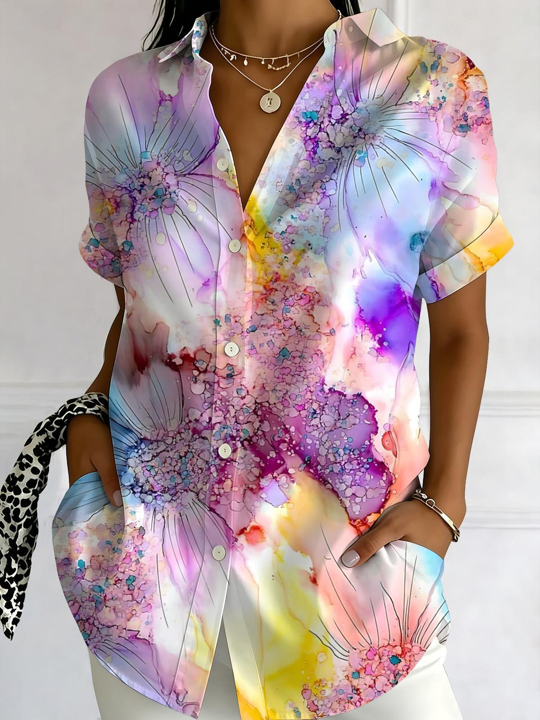 Gradient Fower Print Women's Short Sleeve Shirts