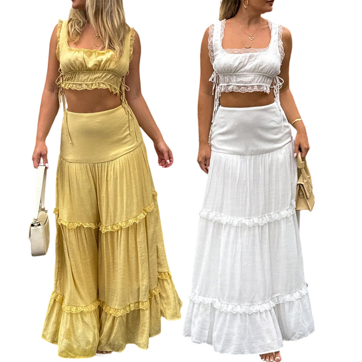 2 Piece Maxi Skirt Sets for Women Side Tie Boho Sleeveless Crop Tank Tops and High Waist Long Skirt for Beach top sale