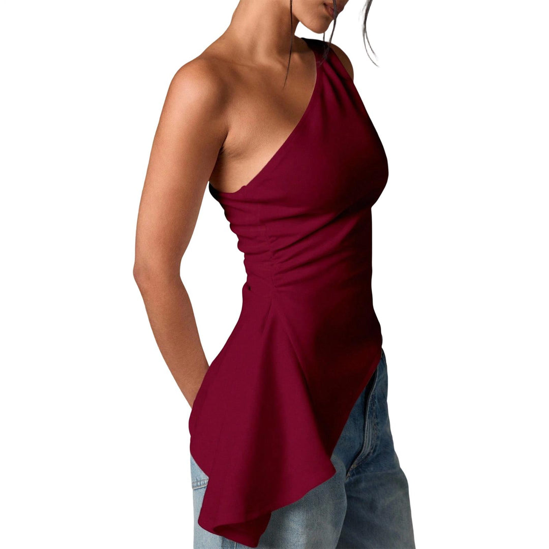 Off Shoulder Ruffle Top Asymmetrical Neck Summer Going Out Sexy Elegant Ruched Sleeveless Tops for Datng friendly