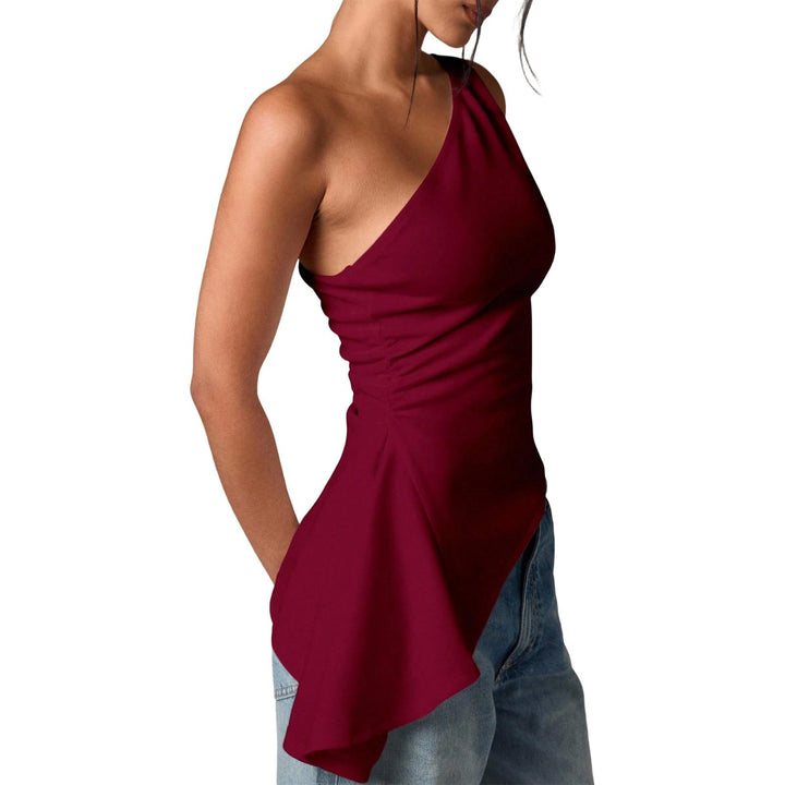 Off Shoulder Ruffle Top Asymmetrical Neck Summer Going Out Sexy Elegant Ruched Sleeveless Tops for Datng friendly