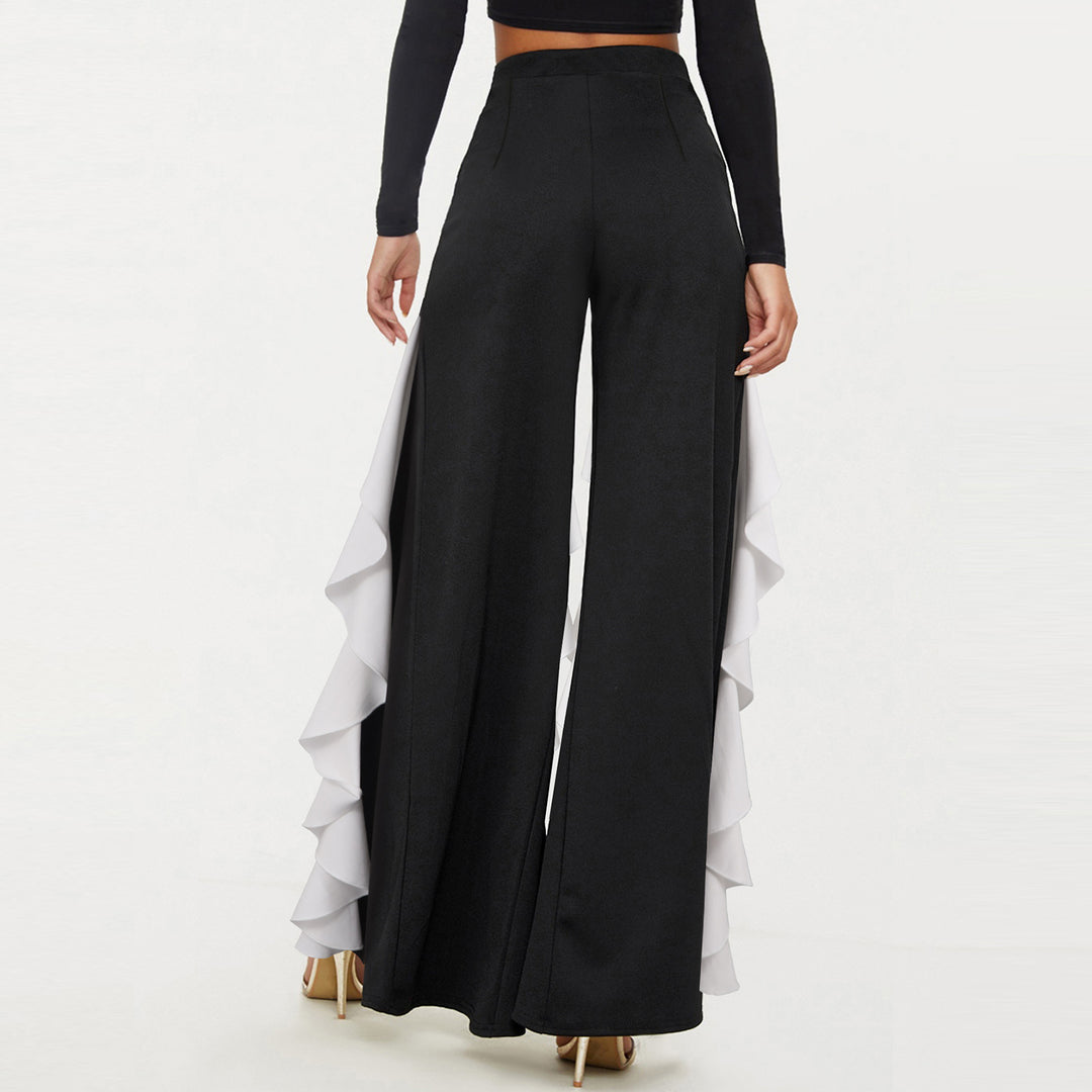 Womens Ruffle Pants Front Slit Flowy Loose Fit Wide Leg Trousers Elastic High Waist Lounge Pants for Dating improved