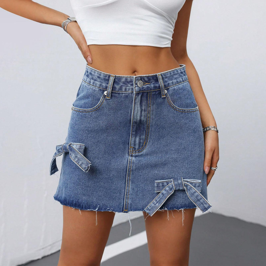 Denim Mini Skirt Front Bow Casual Middle Waist Womens Bodycon Denim Skirts with Pockets for Vacation Travel feasible