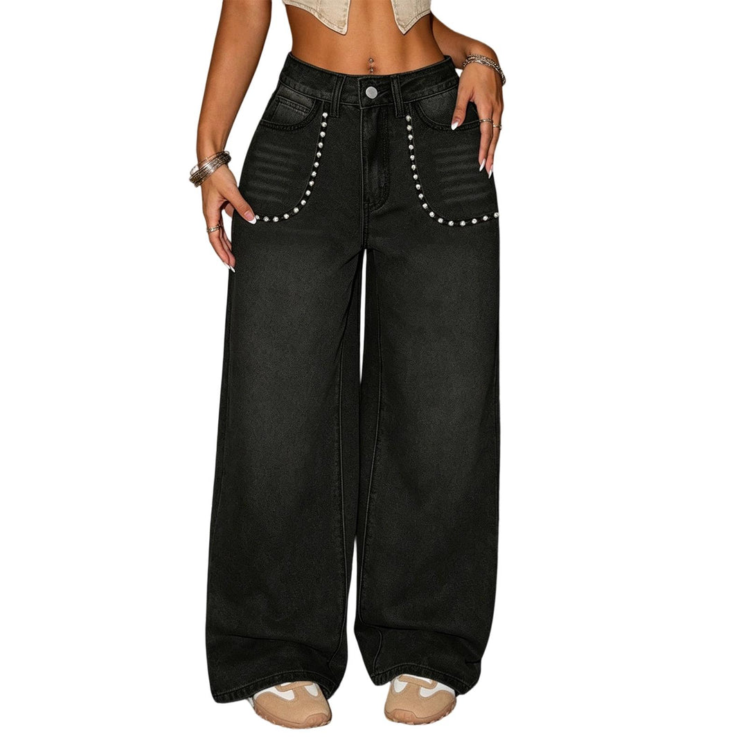 Wide Leg Womens Jeans Low Rise Wide Legs Denim Pants Loose Studded Jean with Pocket for Vacation Going Out cosy