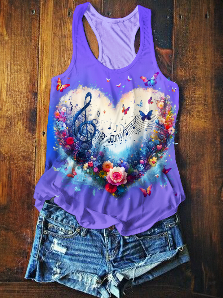 Hippie Floral Sheet Music Love Printed Casual Tank Top