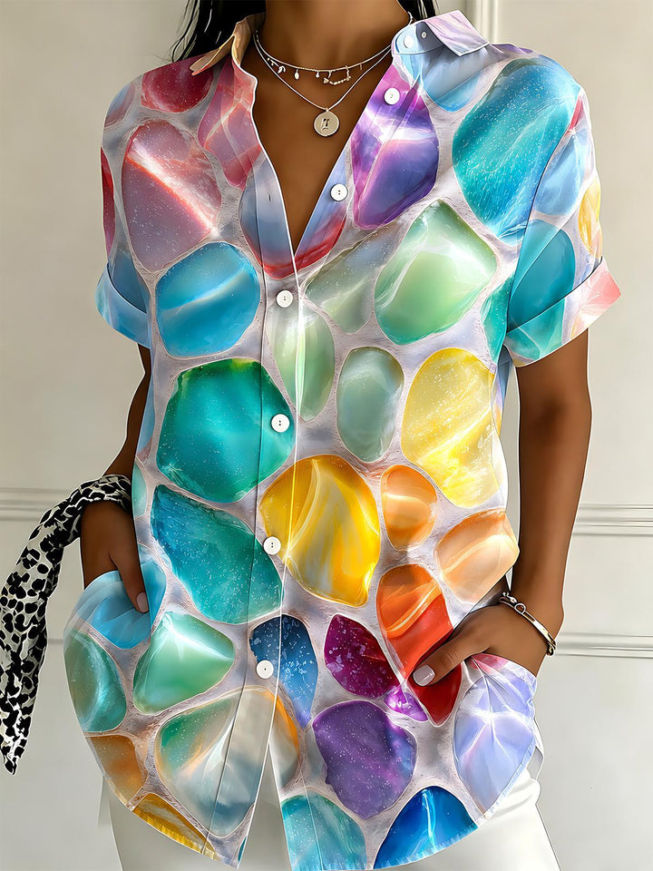 Art Abstract Colorful Crystal Rough Stone Women's Short Sleeve Shirts