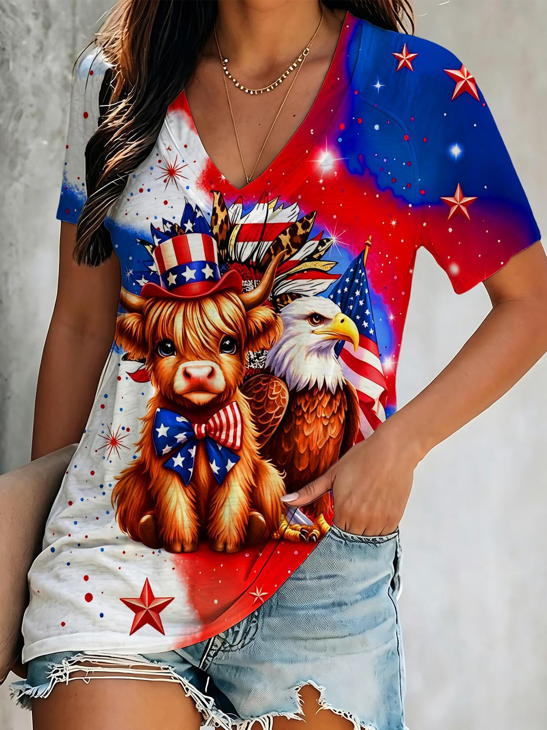 Independence Day Highland Cow Bald Eagle Star Tie-Dye Short Sleeve V Neck Print Top