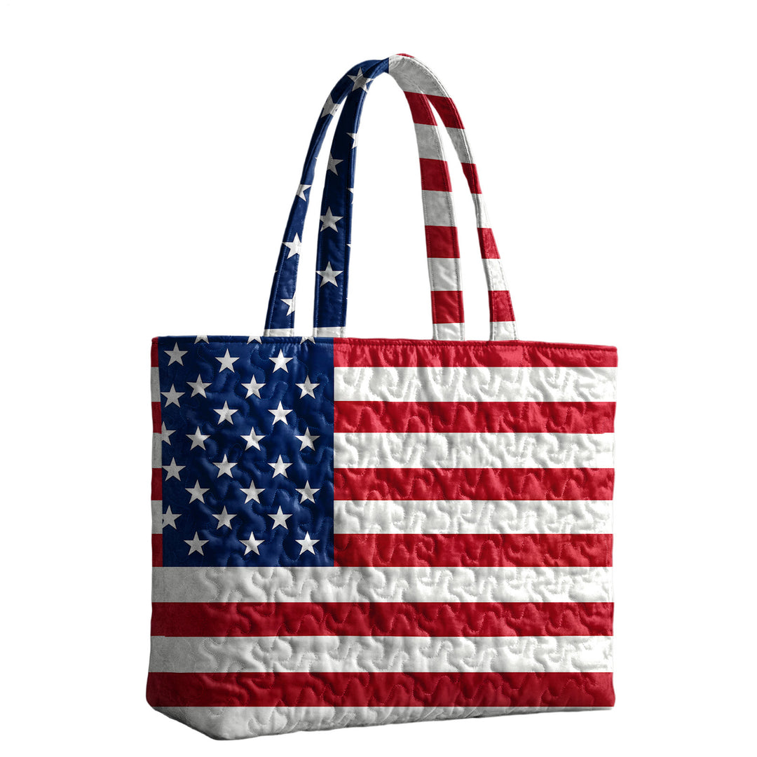 Quilted Tote Bag for Women American Flag Patriotic Handbags with Handles Travel Casual Purse for Vacation practical