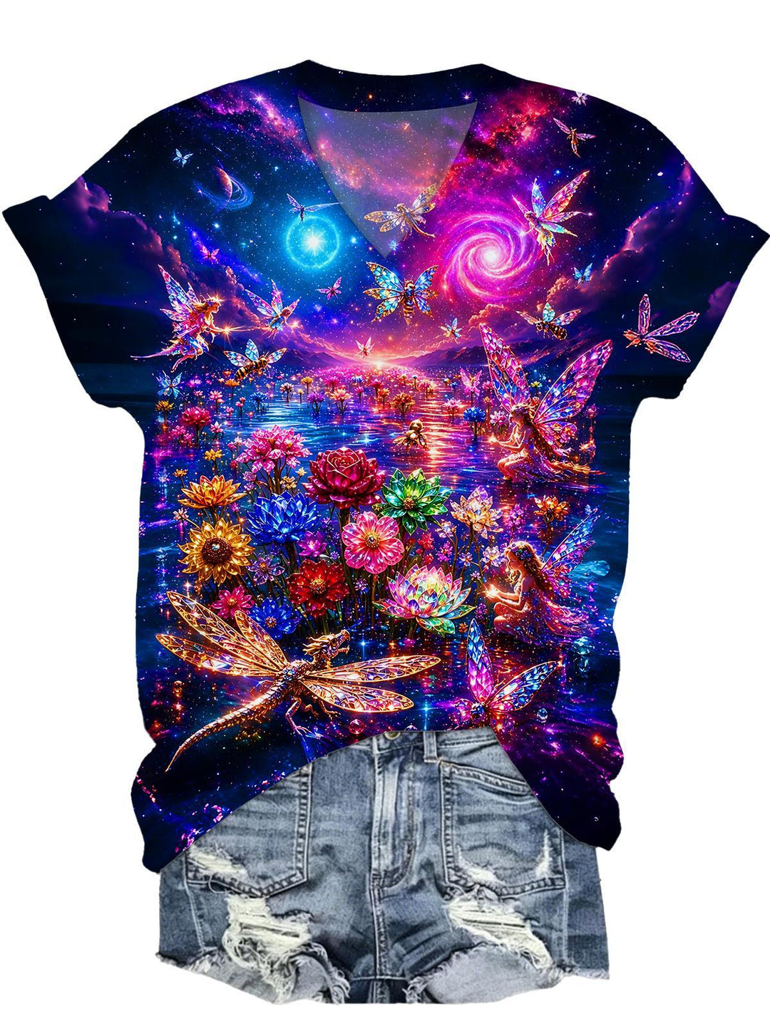 Starry Sky Elf Floral Butterfly Fairy Women's Short Sleeve V Neck T-Shirt