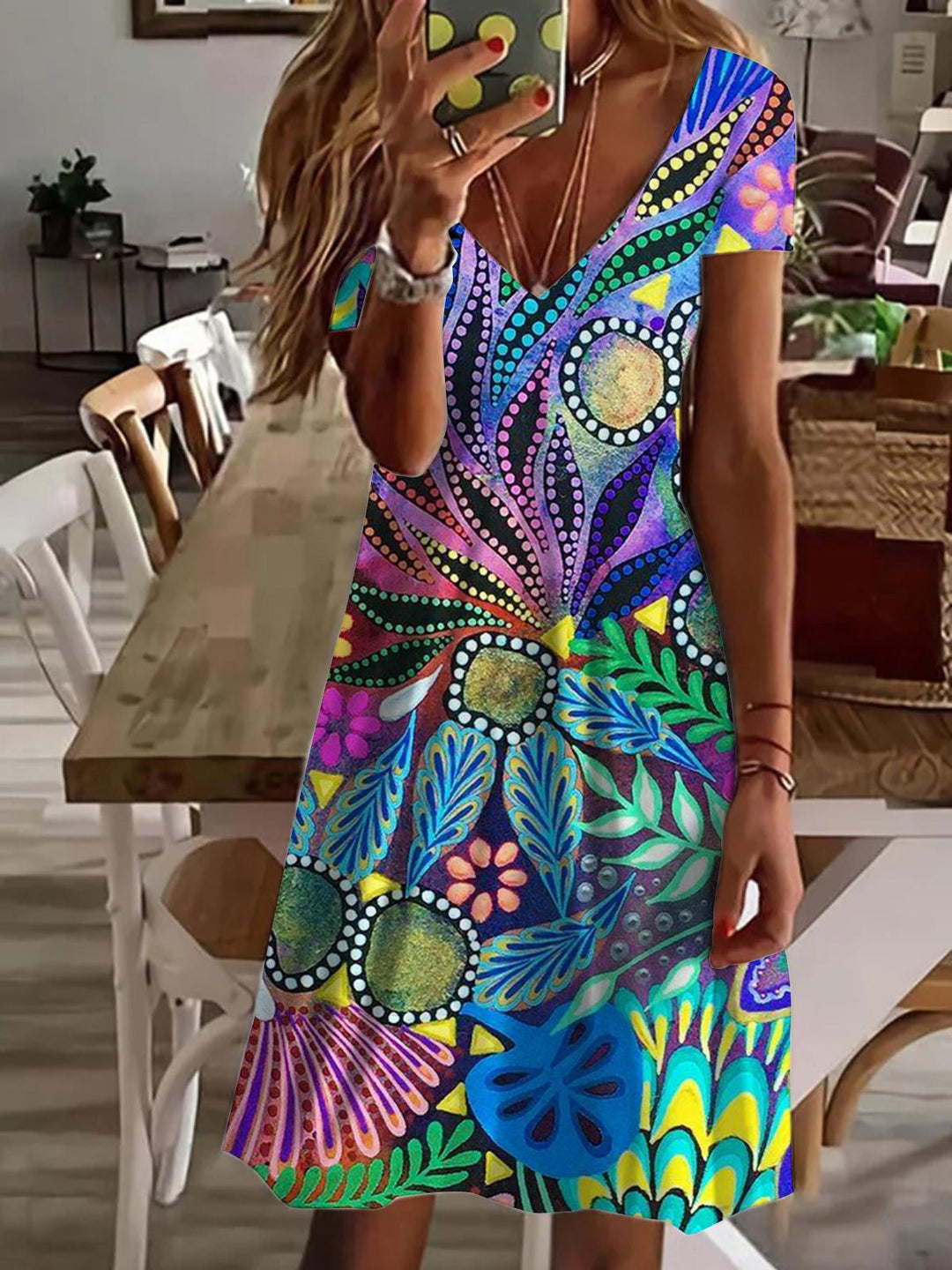 Colorful Tropical Flowers V Neck Short Sleeve Dress