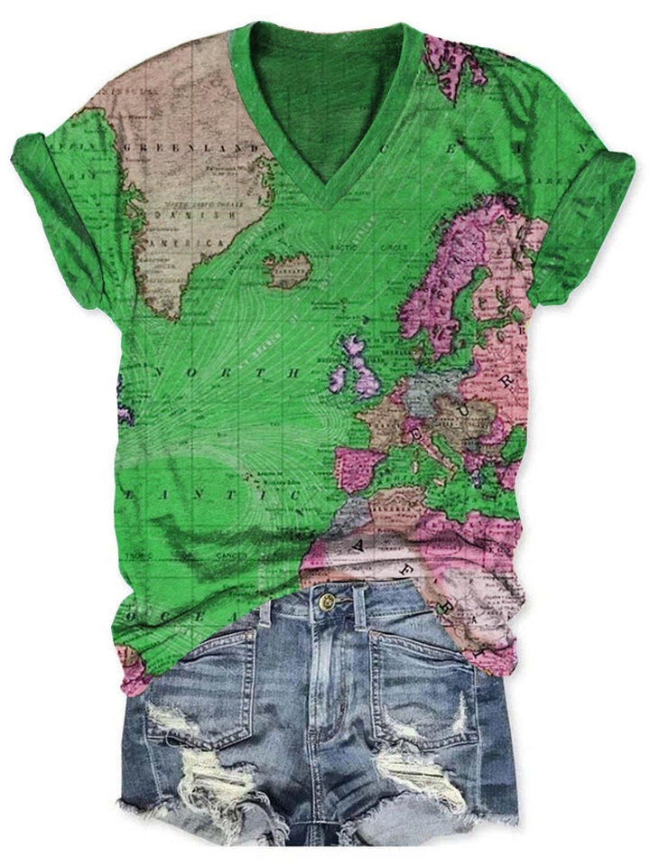 Map V-Neck Short Sleeve T-Shirt