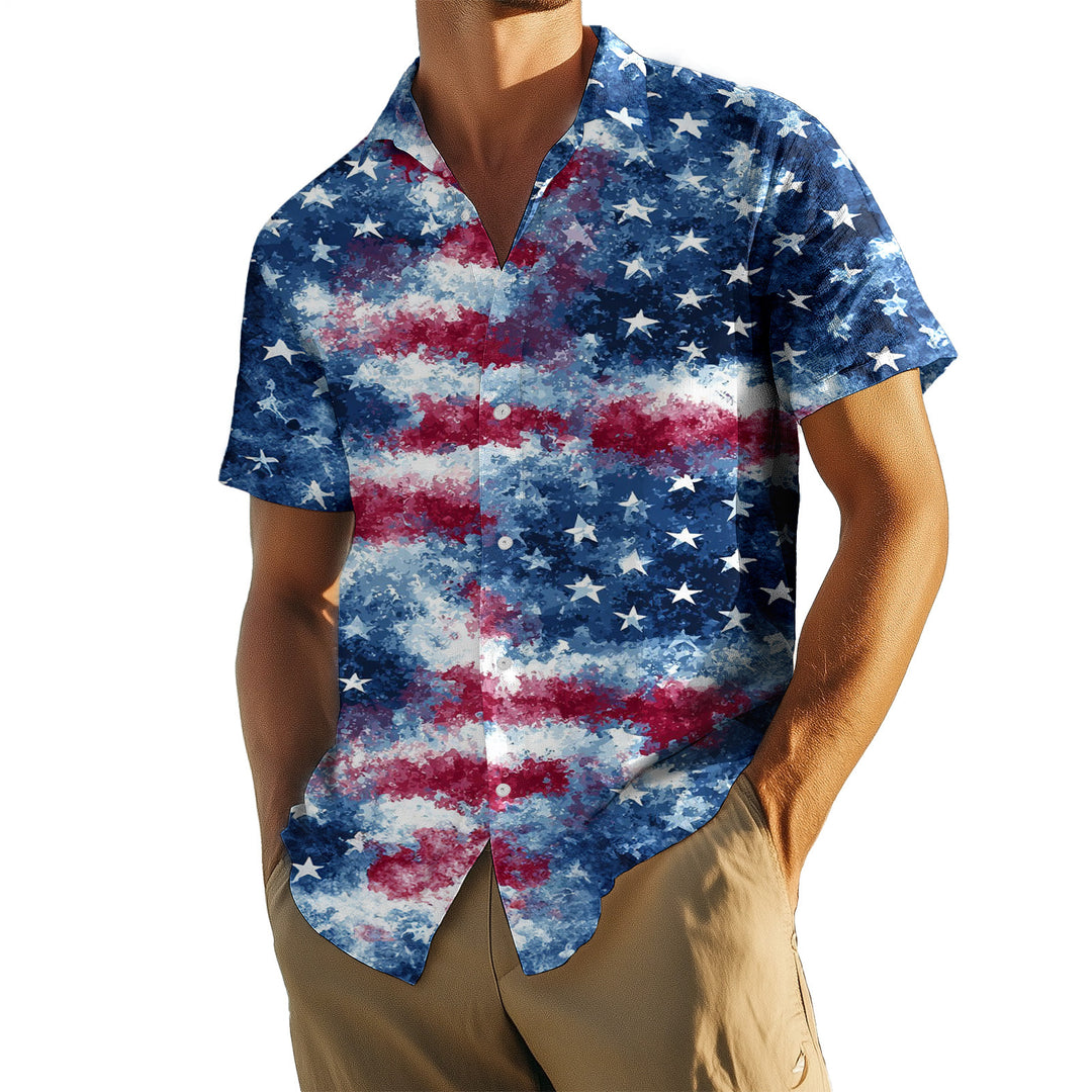 Mens Patriotic Button Down Shirts American Flag Short Sleeve Casual Button Up Hawaiian Shirts for Vacation polite