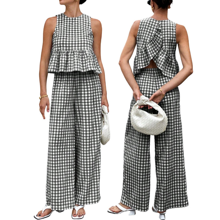 Womens Gingham Set Ruffle Plaid Peplum Tops and Pants Summer Vacation Going Out Sets for Daily Wear Beach admired