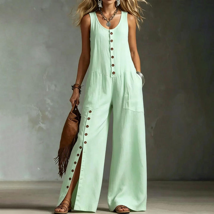 Button Down Jumpsuit for Women Button Up Wide Legs Pants Fashion Sleeveless Overall with Pockets for Beach beautiful