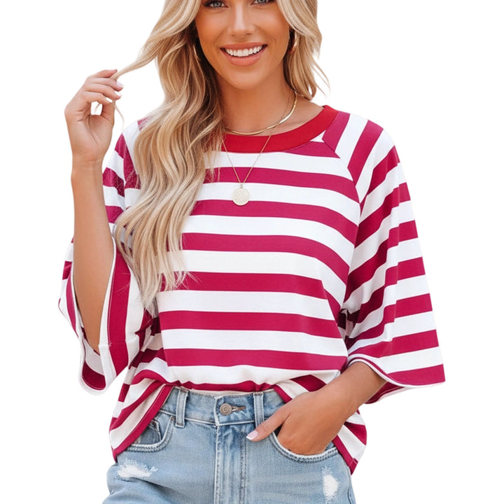 Striped Shirt Women Crew Neck Fashion Casual T Shirts Loose Fit Basic Tops for Travel Going Out Commuting approving