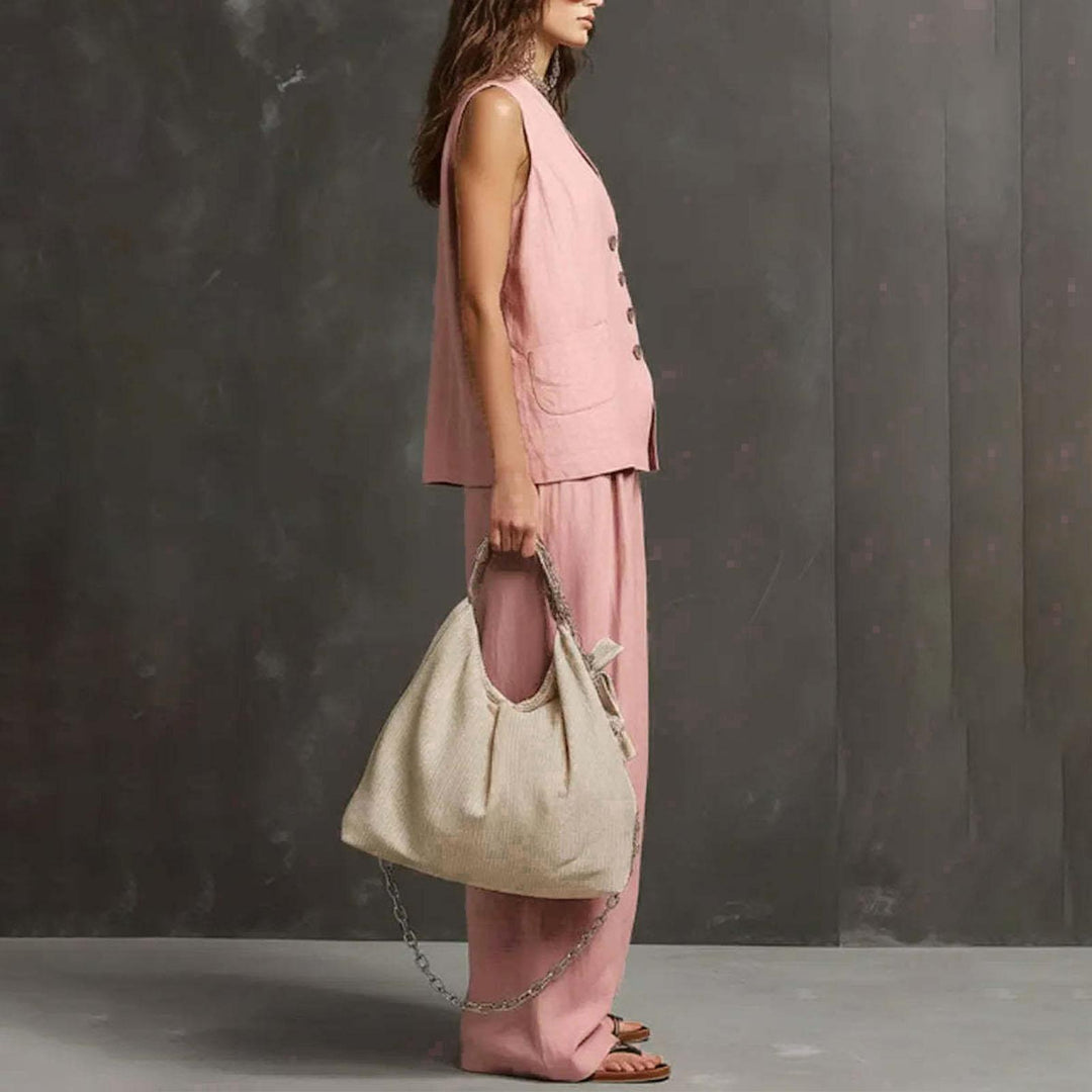 Womens Vest and Pants Set Two Piece Button Down Vest Top and Wide Leg Pants Casual Outfits for Work Travel ideal