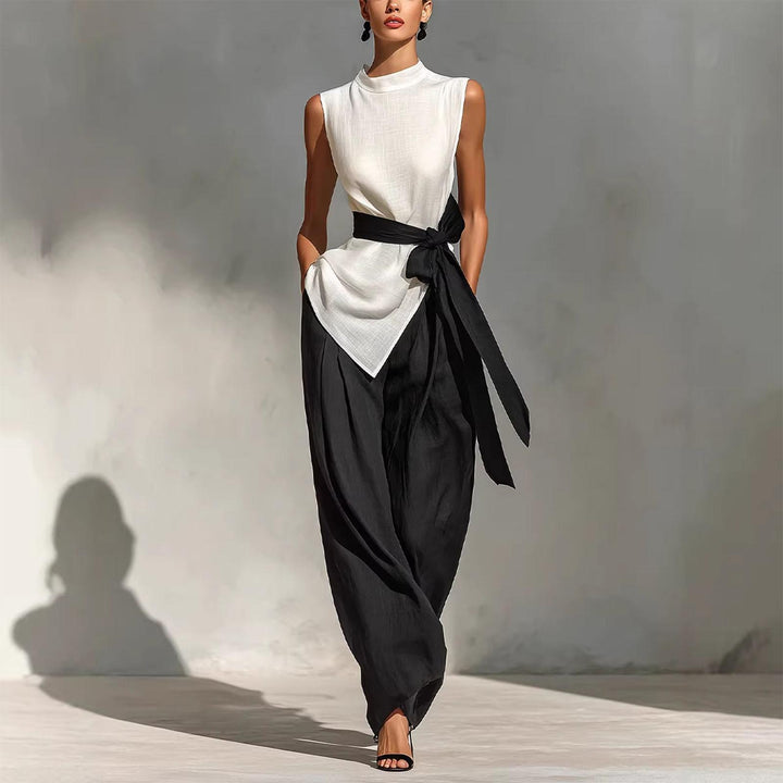 Summer Sets Women 2 Piece Outfits Mock Neck Tie Waist Asymmetrical Tank Top and Wide Leg Pants Set for Dating excitement