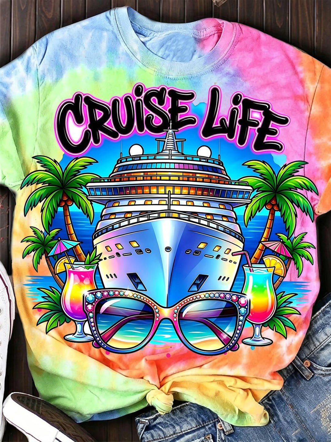 Hawaiian Coconut Tree Sunglasses Cruise Life Women's Short Sleeve Crew Neck T-shirt