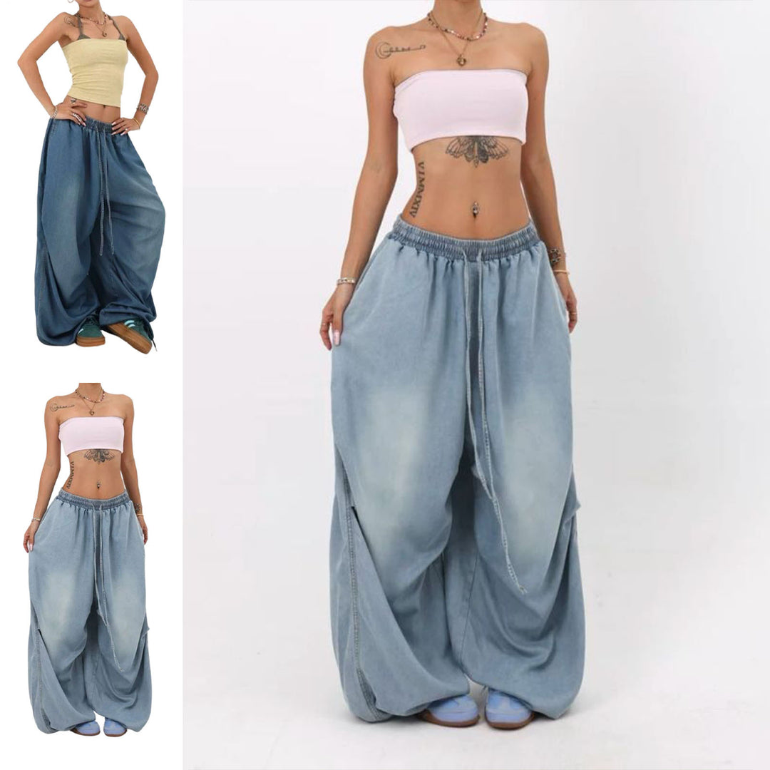 Womens Elastic Waist Jeans Low Rise Vintage Baggy Barrel Jeans Streetwear Loose Fit Denim Pants for Travel candid