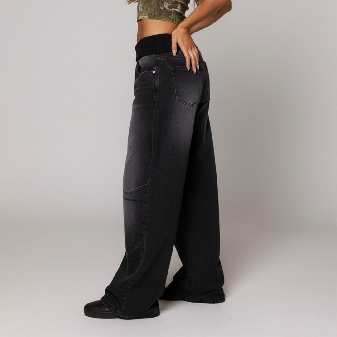 Womens Low Rise Baggy Jeans Fold-Over Elastic Waist Wide Leg Jeans Denim Pants Loose Fit Trousers for Club appropriate