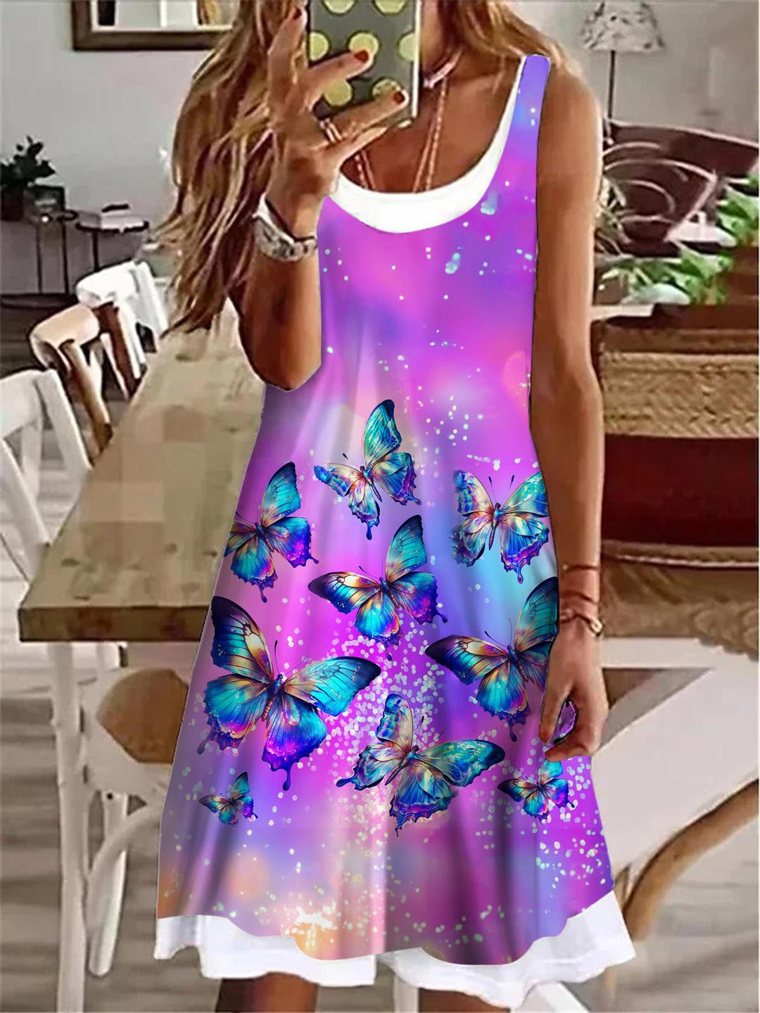 Purple Blue Butterflies Ladies False Two Dress