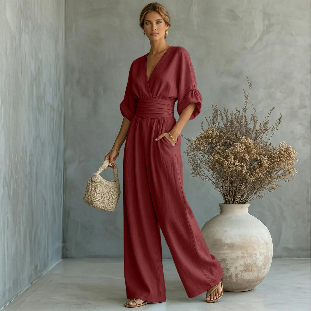 Womens Jumpsuits Casual Dressy V Neck Wide Leg Flowy Short Sleeve Casual Cinched Waist Overalls Daily Wear best service