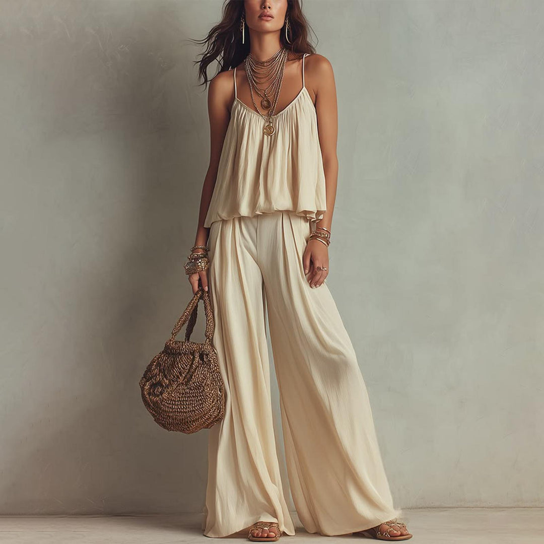 Womens Two Piece Sets Summer Spaghetti Strap Solid Color Bustier Wide Leg Pant Going Out Clothes for Party heathly