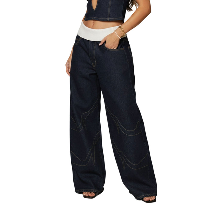 Womens Low Rise Baggy Jeans Fold-Over Elastic Waist Wide Leg Jeans Denim Pants Loose Fit Trousers for Club appropriate