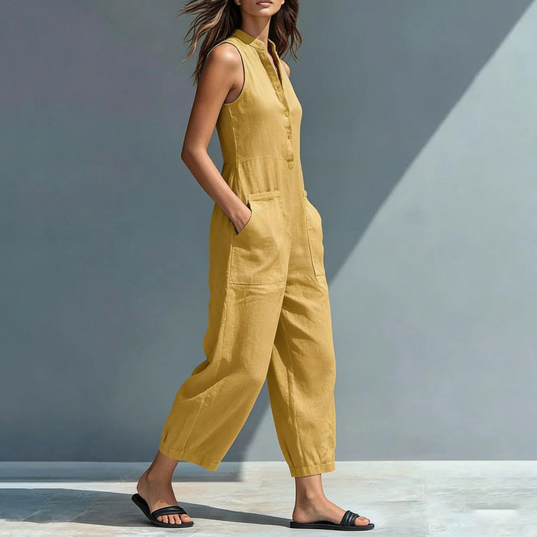 Sleeveless Jumpsuits for Women Button Front Stand Collar Sleeveless Loose Wide Leg Jumpsuit for Vacation classical