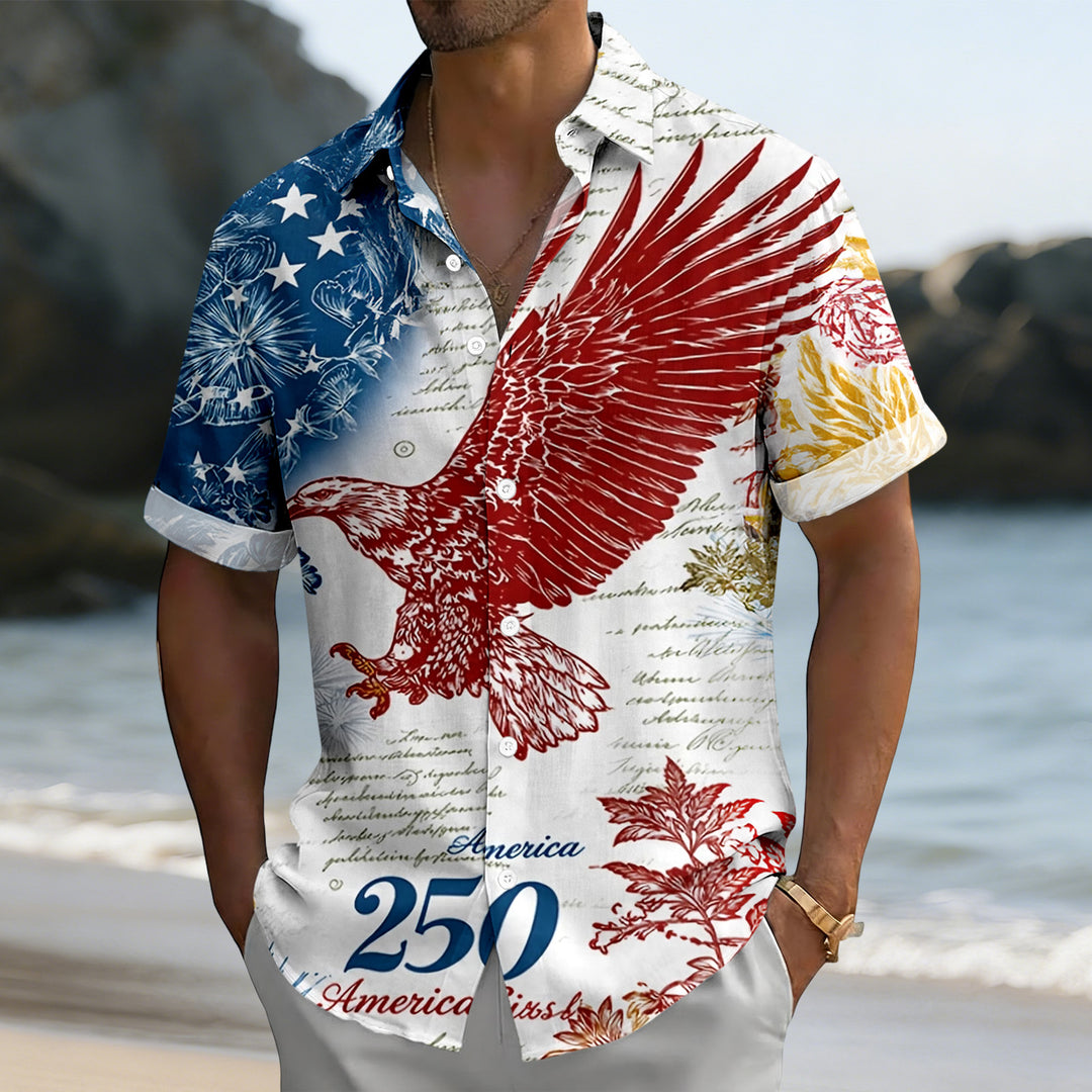 Patriotic Button Up Shirts For Men 250 Years Flag Lapel Short Sleeve Casual Trendy Hawaiian Shirts for Travel respectable