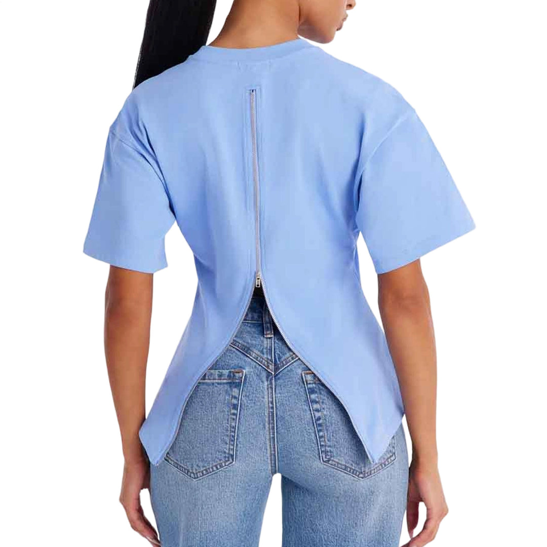 Zipper Back Shirt for Women Back Zipper Crewneck Short Sleeve Cinched Waist Top for Daily Wear Vacation method
