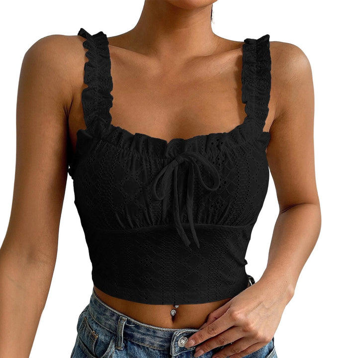 Eyelet Tank Tops for Women Ruffle Ruched Sleeveless Square Neck Tie Front Bust Crop Camisole Tops for Travel excellent