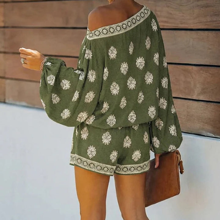 Boho Rompers for Women Off The Shoulder Casual Boho Jumpsuit Loose Lantern Sleeve Rompers for Vacation Beach ingenious