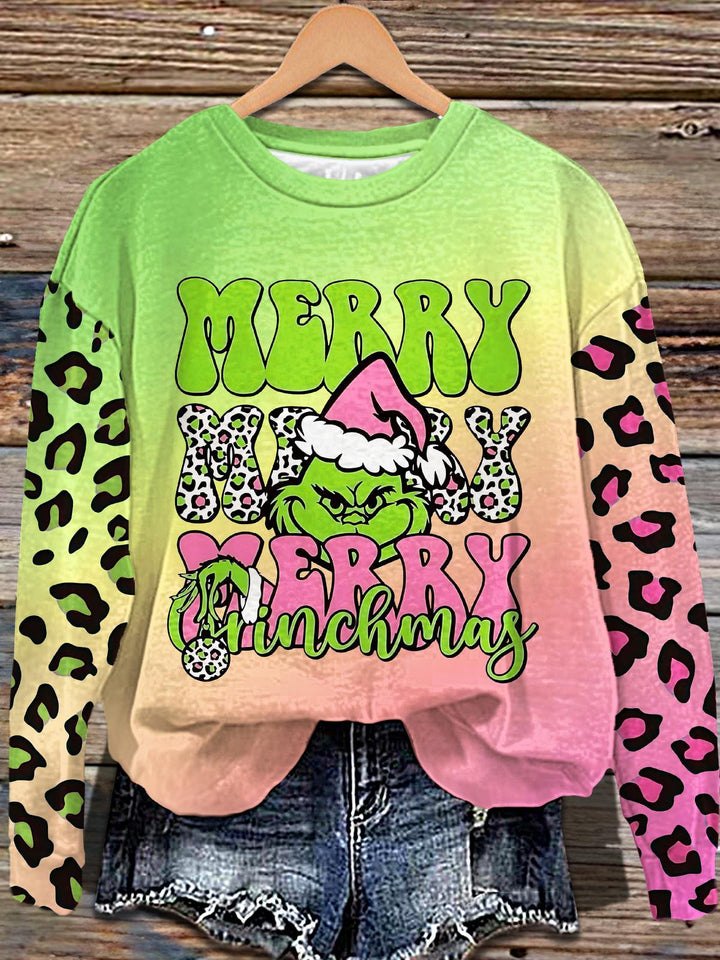 Grinch Leopard Art Printed Long Sleeve Casual Top