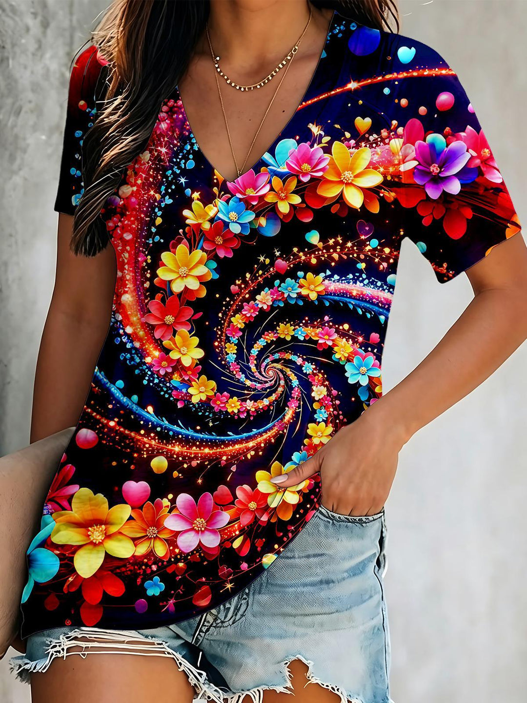 Colorful Spiral Flower Short Sleeve V Neck Print Top