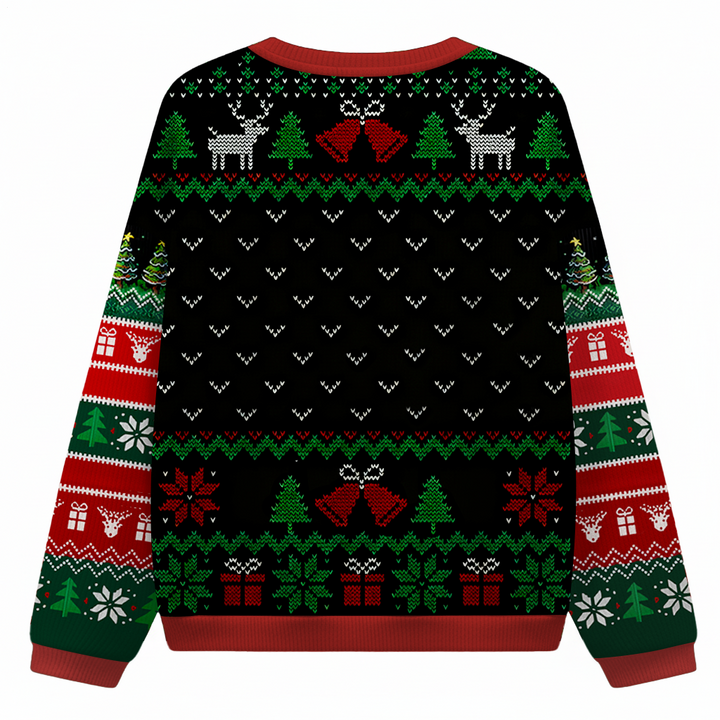 Women's Funny Black Cat What? round neck ugly sweater