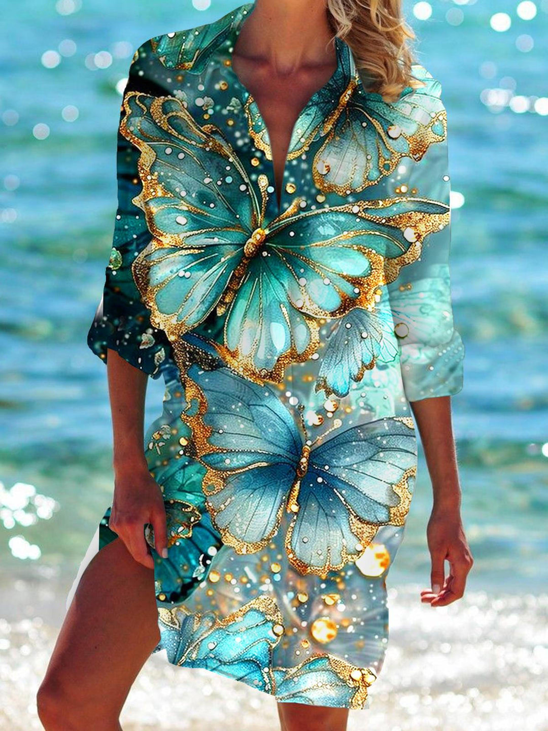 Butterfly Long Sleeve Beach Shirt Dress