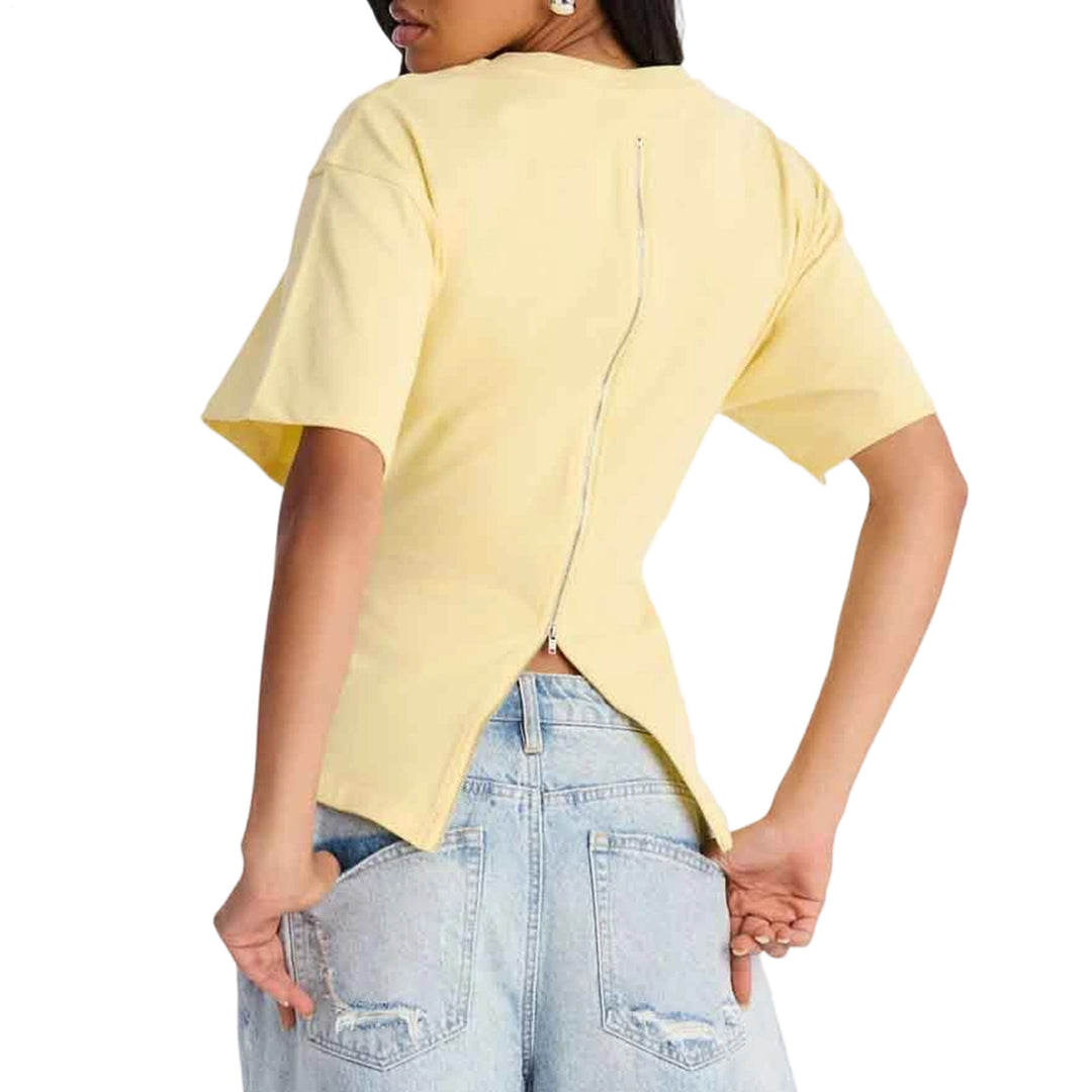 Zipper Back Shirt for Women Back Zipper Crewneck Short Sleeve Cinched Waist Top for Daily Wear Vacation method