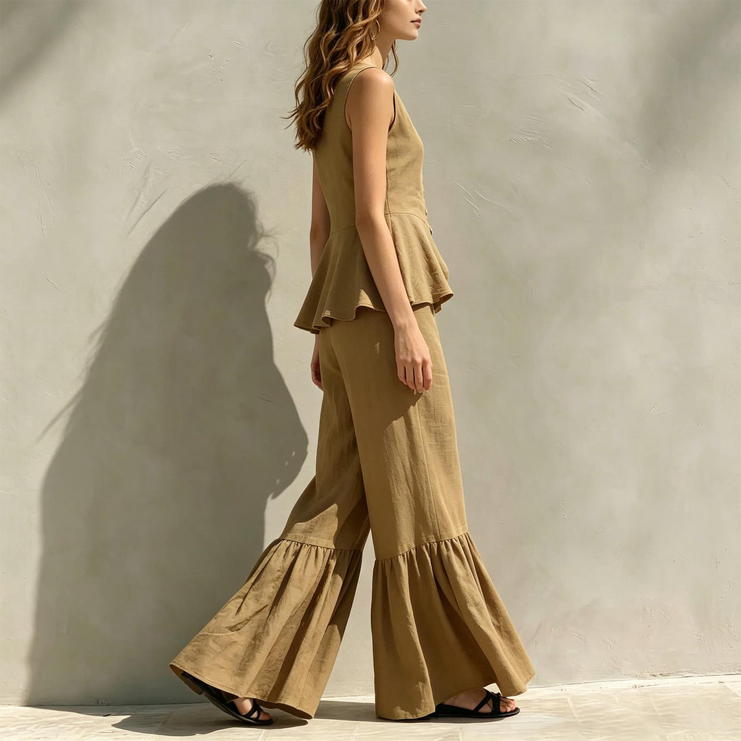 Women Two Piece Outfits Sets V Neck Sleeveless Peplum Top and Ruffle Flare Leg Pants Set for Dating Travel astonishing