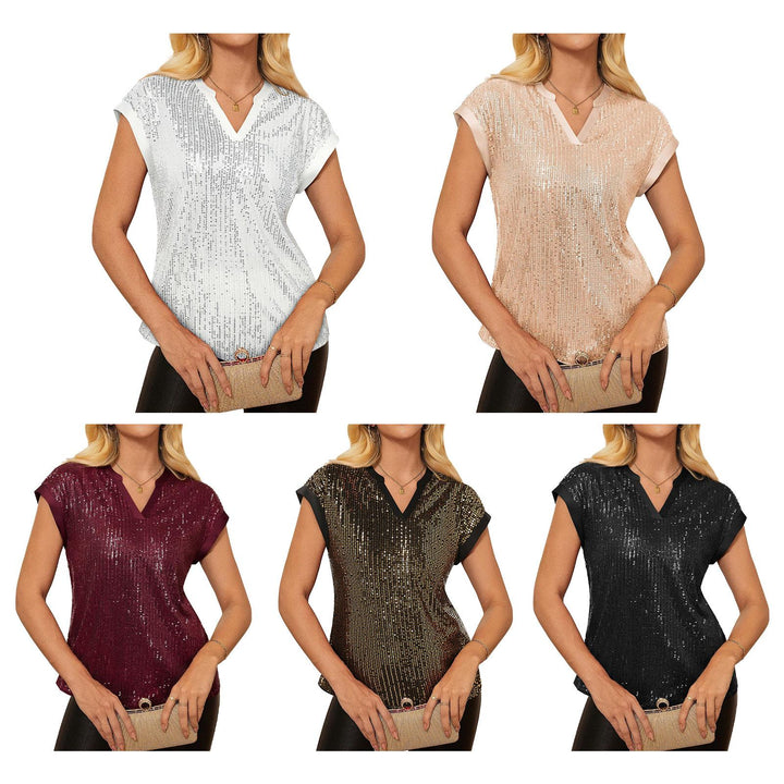 Sequin Shirts for Women V Neck Sequin Sparkly Tops Short Sleeve Dressy Casual Party Shirt for Club Going Out beautiful