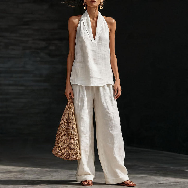 Summer Outfits for Women 2 Piece Set Deep V Neck Sleeveless Loose Fit Halter Top and Wide Leg Pants for Beach classical