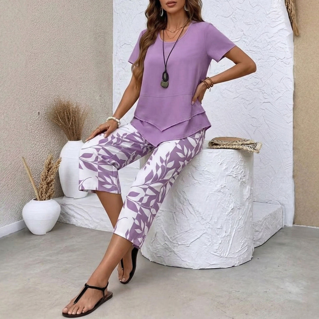 2 Piece Sets for Women Summer Crewneck Short Sleeve Shirts and Wide Leg Capri Pants Lounge Outfit for Travel gently