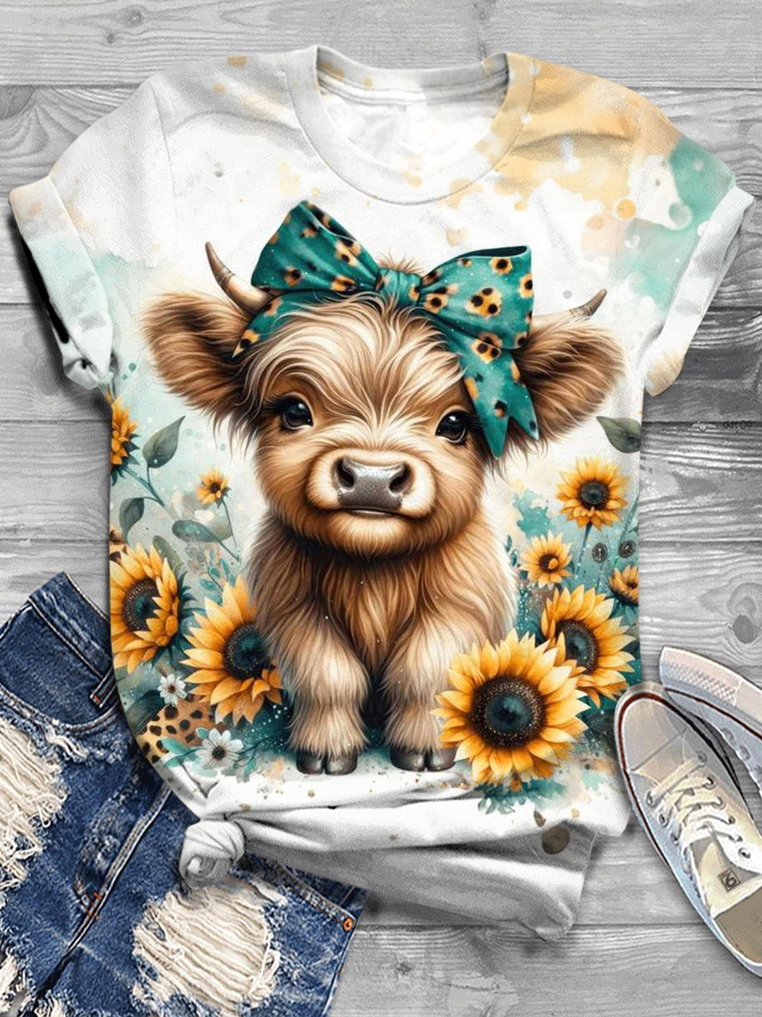 Mint Mambo Sunflower Highland Cow Crew Neck T-shirt