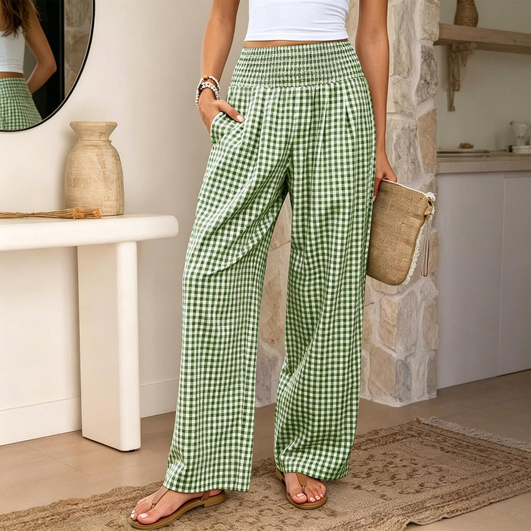 Women Gingham Pants Smocked Waist Plaid Pajama Lounge Pants Wide Leg Trousers with Pocket for Daily Wear gently