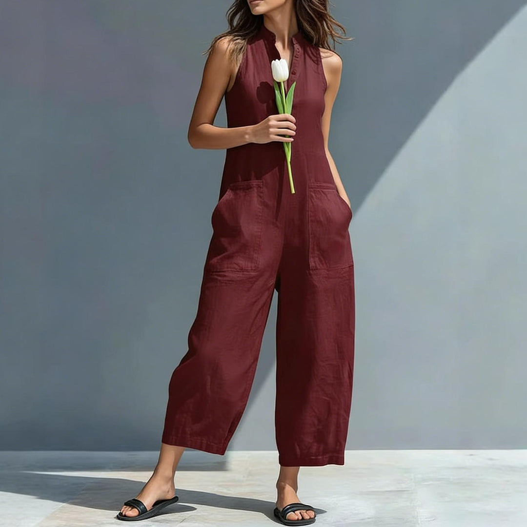 Sleeveless Jumpsuits for Women Button Front Stand Collar Sleeveless Loose Wide Leg Jumpsuit for Vacation classical