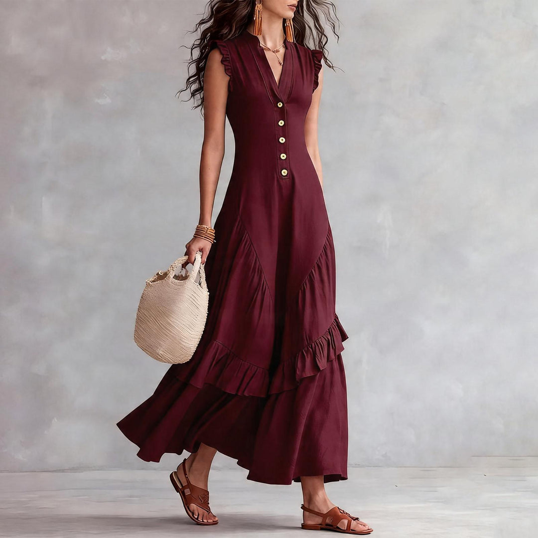 Ruffle Dress Long V Neck Button Flowy Cap Sleeve Summer Maxi Dresses Casual Beach Clothes for Beach Vacation serviceable