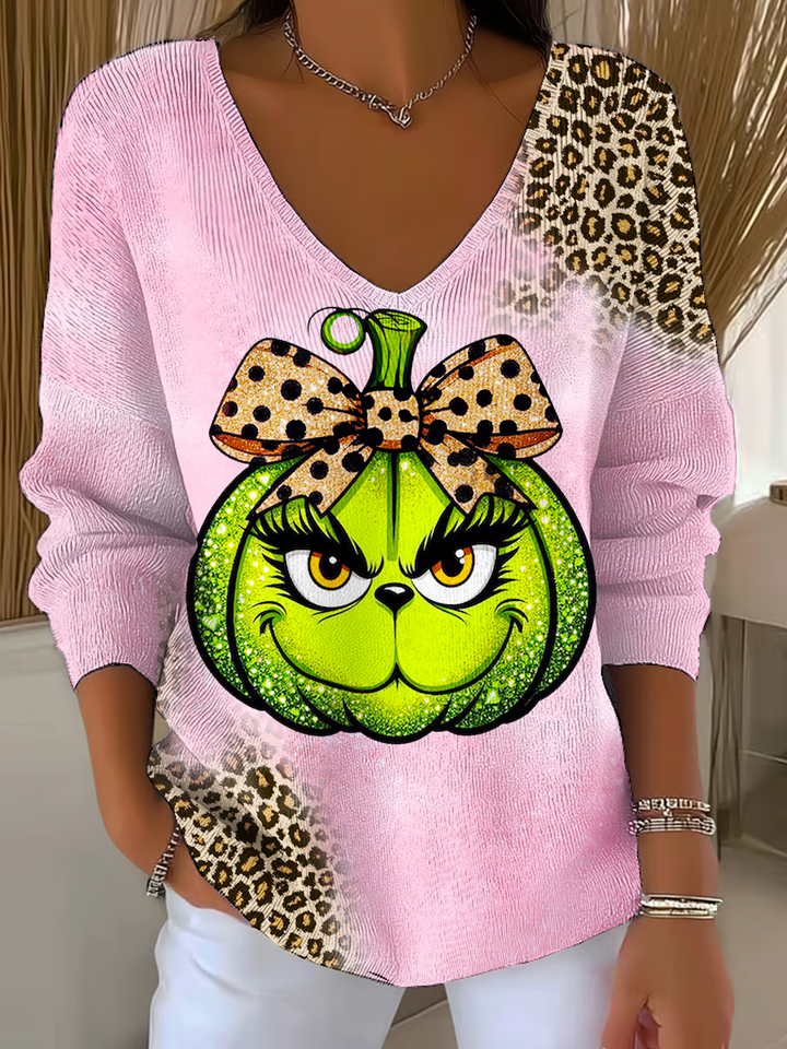 Funny Christmas Leopard Pumpkin Casual V Neck Pullover Sweater
