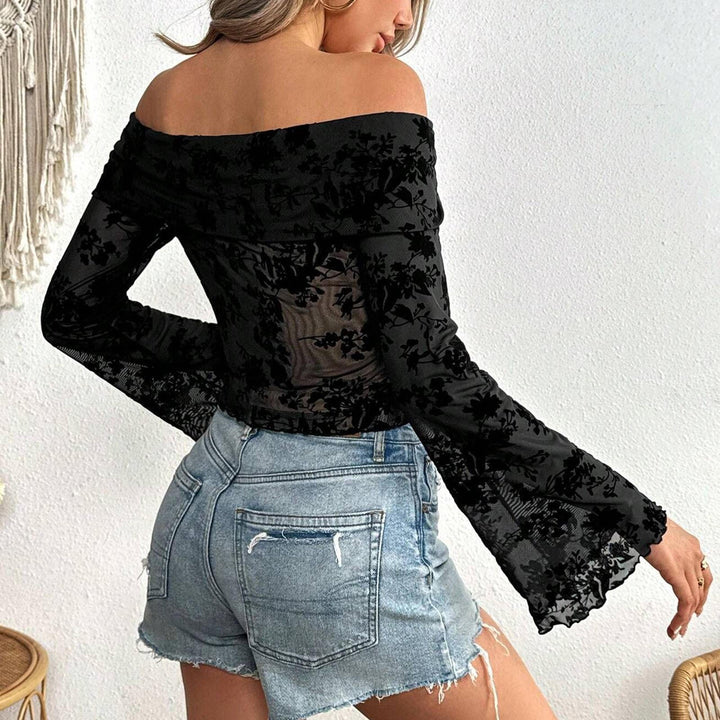 Off The Shoulder Mesh Top Flare Long Sleeve Summer Slim Fit Off Shoulder Flocked Mesh Tops for Daily Wear stylish