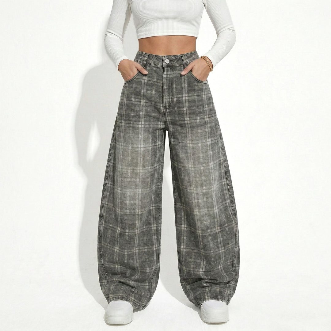 Wide Leg Plaid Pants Woman Wide Leg Lounge Mid Waist Pants Unisex Loose Trousers with Pockets Streetwear frugal